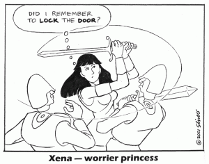 Stivers cartoon run  3-29-01 Xena worrier princess